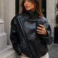 Women’s Black Leather Cropped Bomber Jacket with Oversized Fit