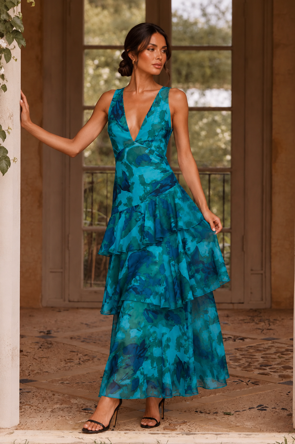 Women’s Chiffon Tiered Maxi Dress with V-Neck