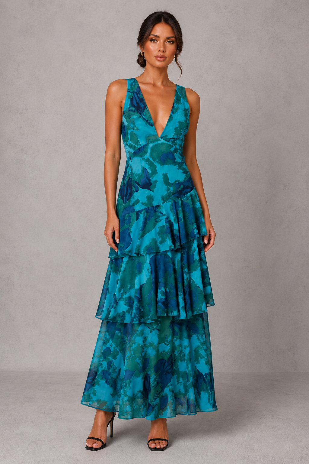 Women’s Chiffon Tiered Maxi Dress with V-Neck