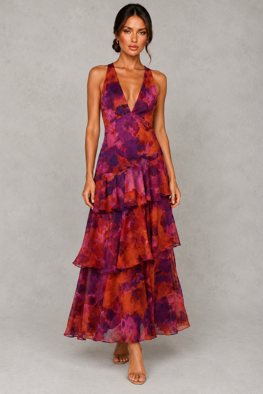 Women’s Chiffon Tiered Maxi Dress with V-Neck