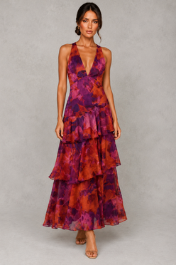 Women’s Chiffon Tiered Maxi Dress with V-Neck