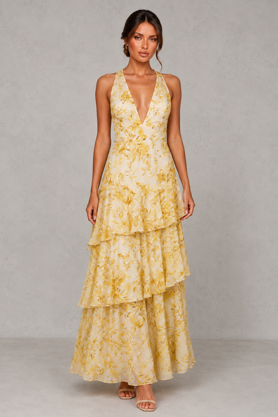 Women’s Chiffon Tiered Maxi Dress with V-Neck
