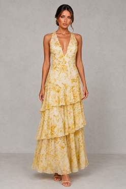 Women’s Chiffon Tiered Maxi Dress with V-Neck