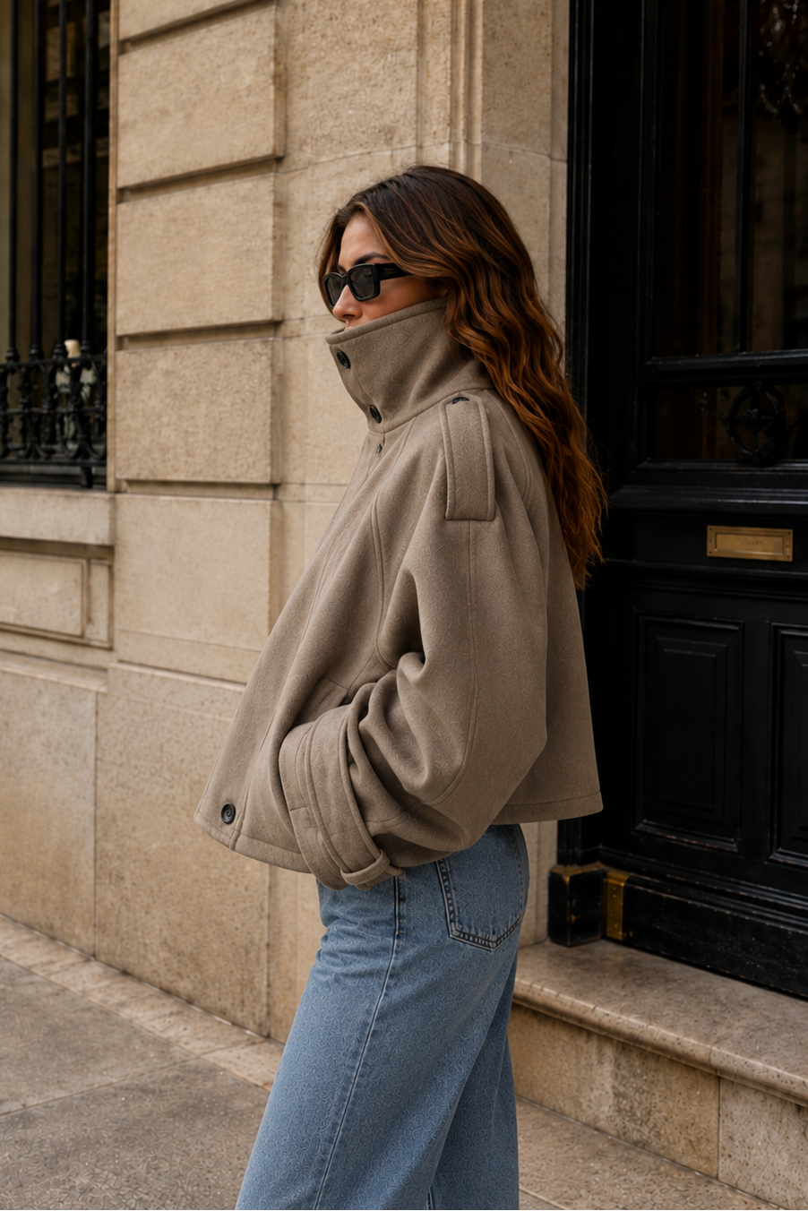 Women’s Cropped Wool Blend Coat with Stand Collar for Autumn & Winter Wear