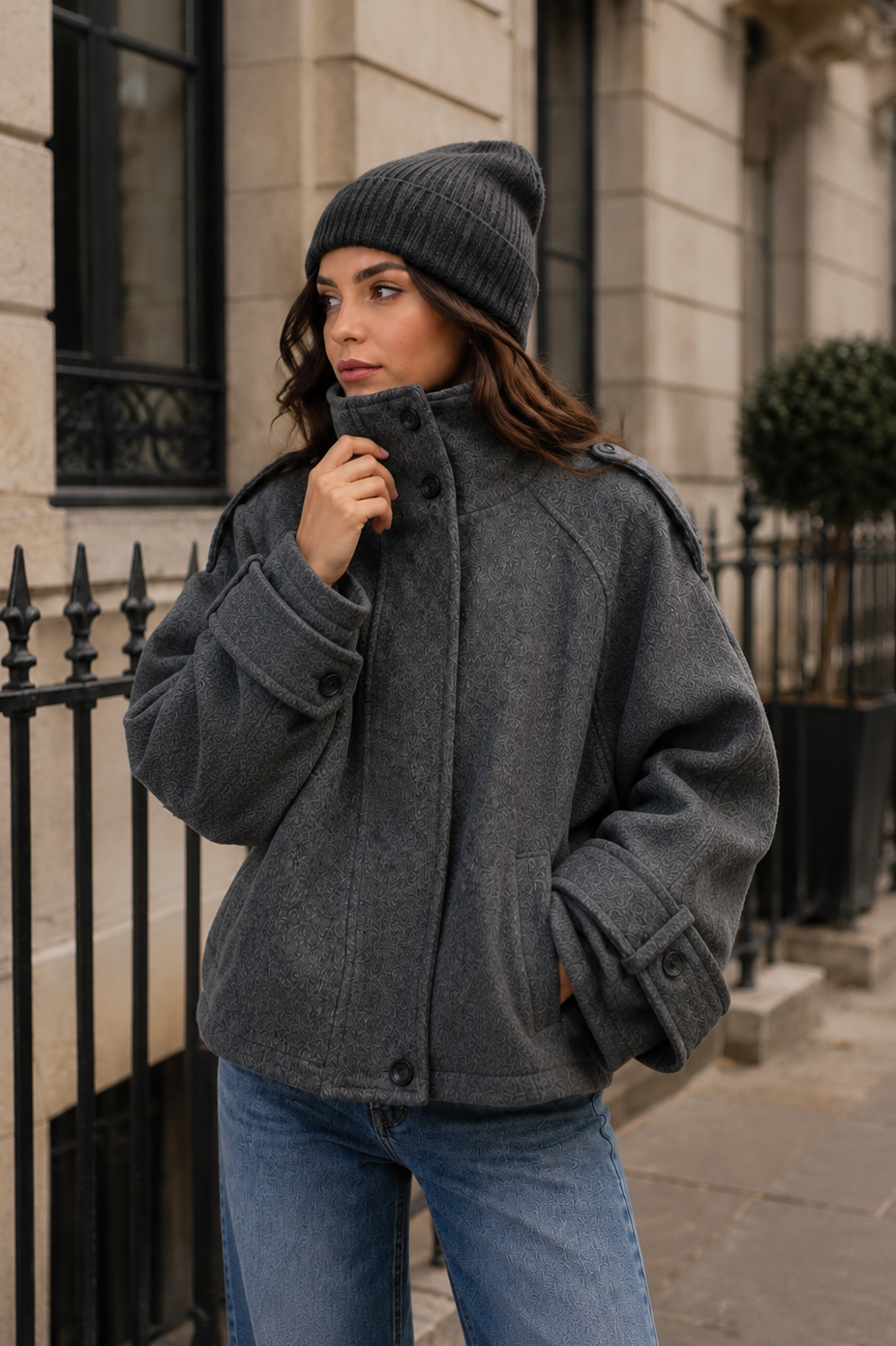 Women’s Cropped Wool Blend Coat with Stand Collar for Autumn & Winter Wear