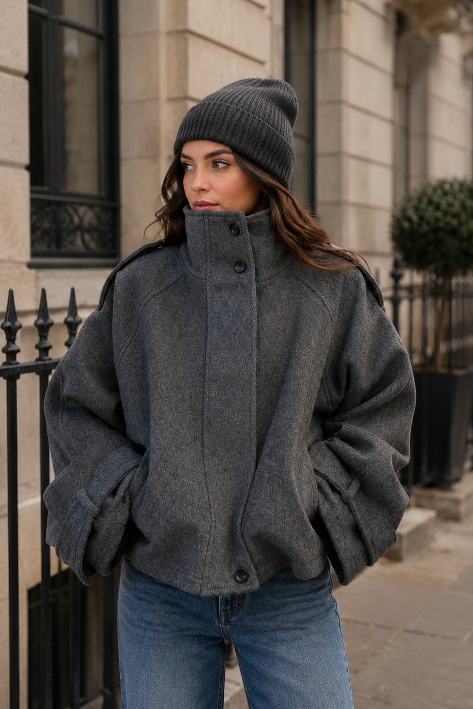 Women’s Cropped Wool Blend Coat with Stand Collar for Autumn & Winter Wear
