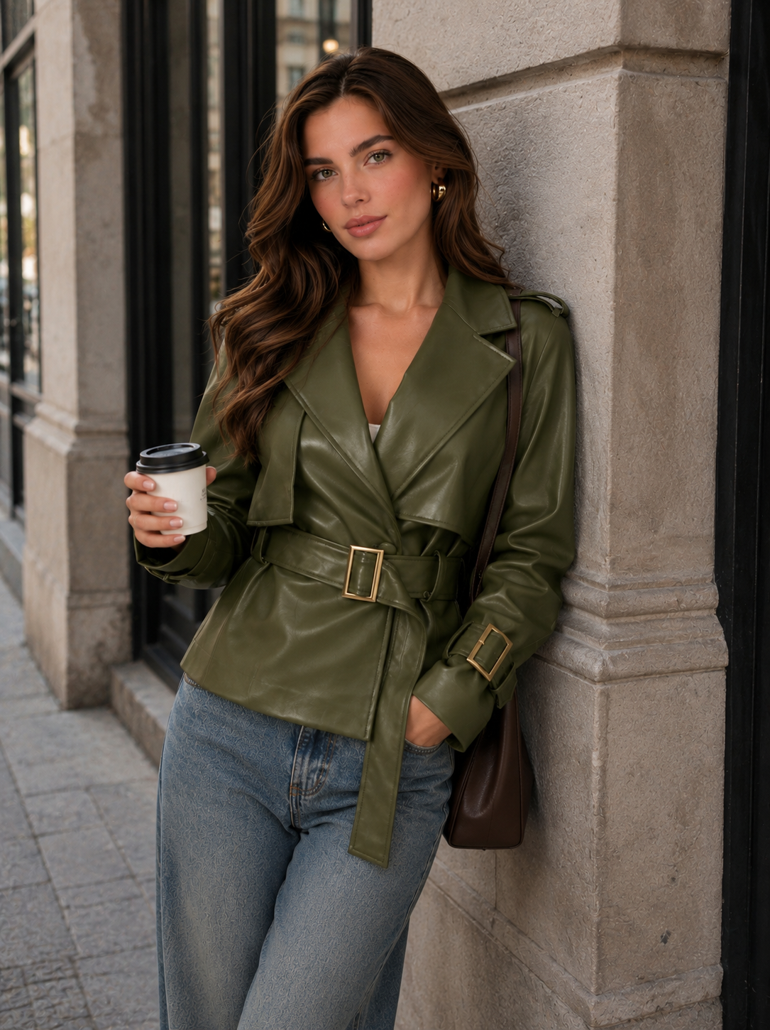 Women’s Distressed Raglan Sleeve Trench Coat with Relaxed Fit