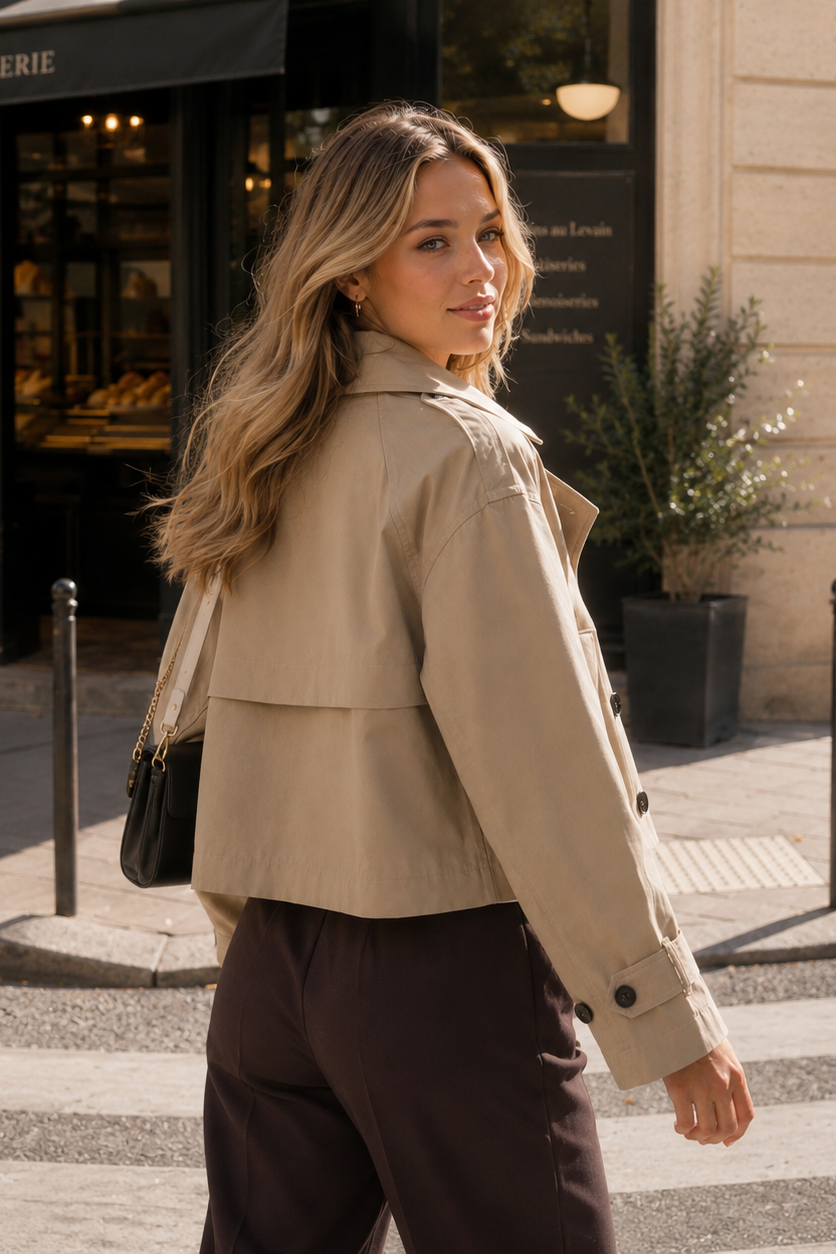 Women’s Double-Breasted Cropped Trench Coat with Turn-Down Collar