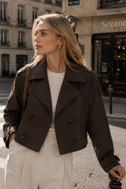 Women’s Double-Breasted Cropped Trench Coat with Turn-Down Collar