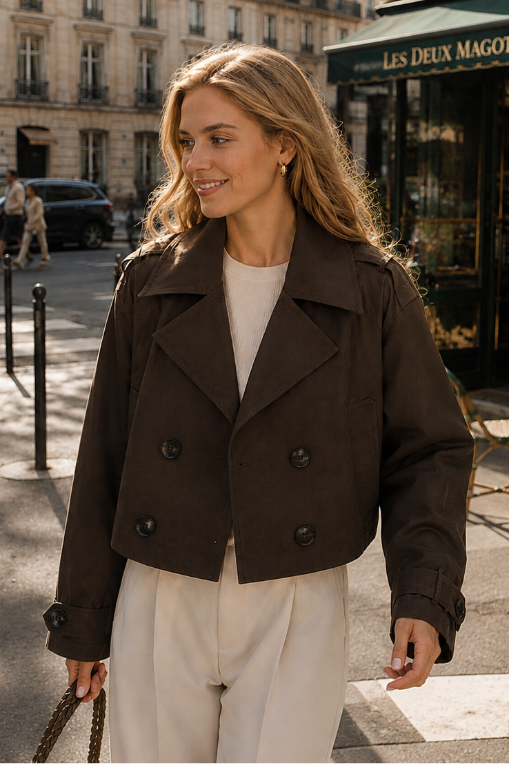 Women’s Double-Breasted Cropped Trench Coat with Turn-Down Collar