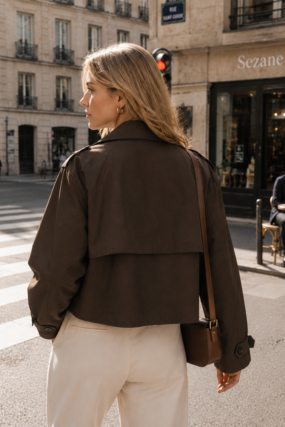 Women’s Double-Breasted Cropped Trench Coat with Turn-Down Collar