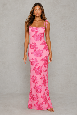 Women's Embroidered Floral Maxi Dress – Pink