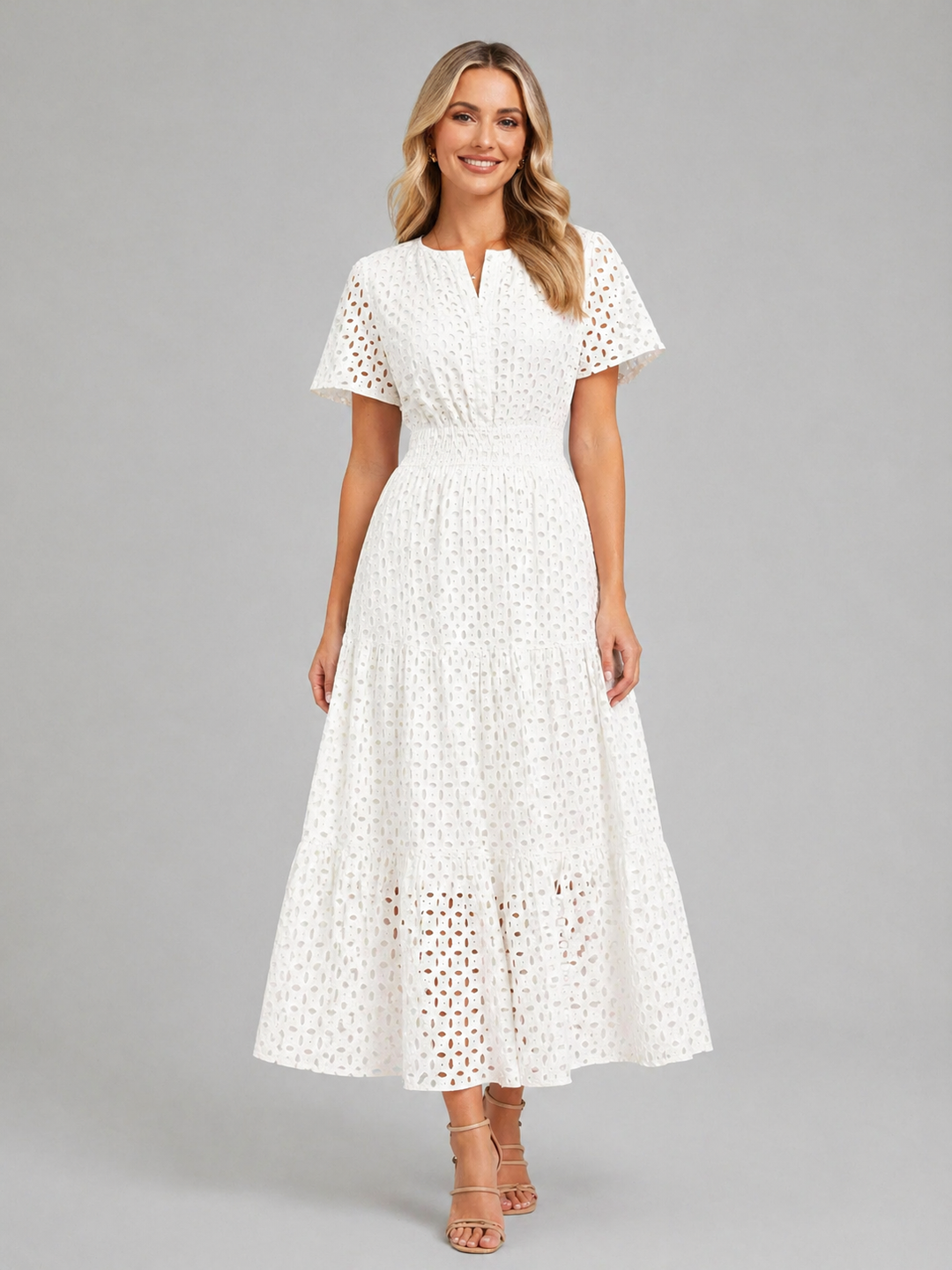Women’s eyelet A-line summer dress with breathable fabric and flowing silhouette