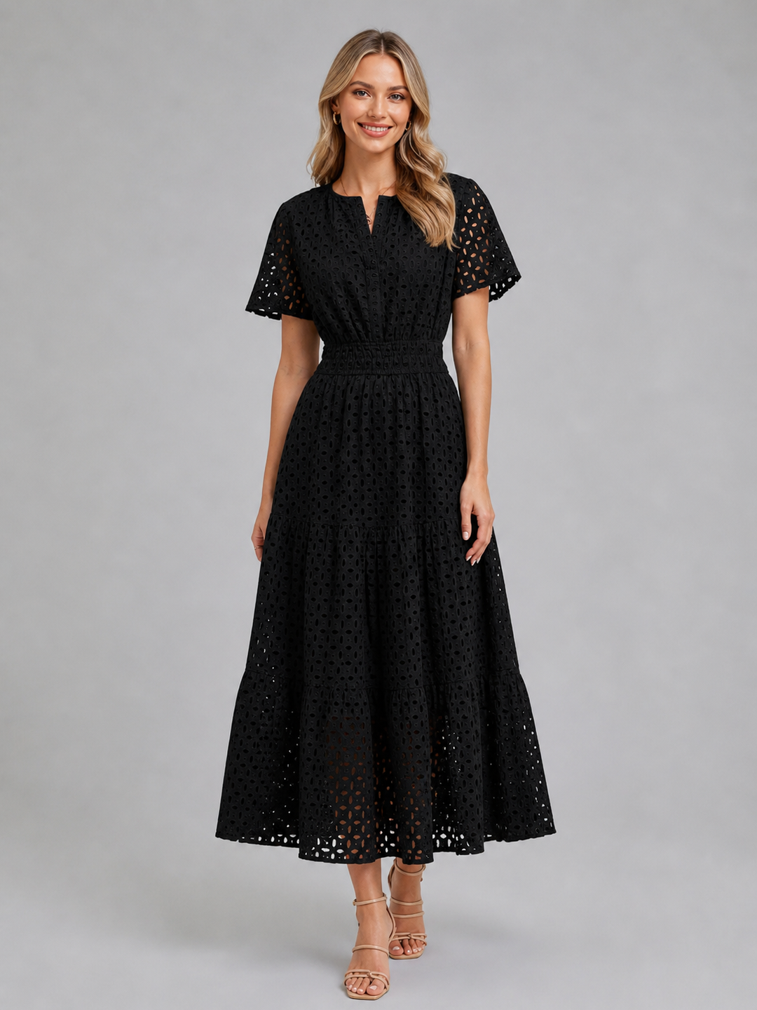 Women’s eyelet A-line summer dress with breathable fabric and flowing silhouette