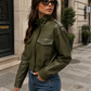 Women’s Leather Cropped Bomber Jacket with Zip Front for Casual & Streetwear