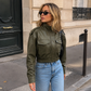 Women’s Leather Cropped Bomber Jacket with Zip Front for Casual & Streetwear