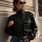 Women’s Leather Cropped Bomber Jacket with Zip Front for Casual & Streetwear