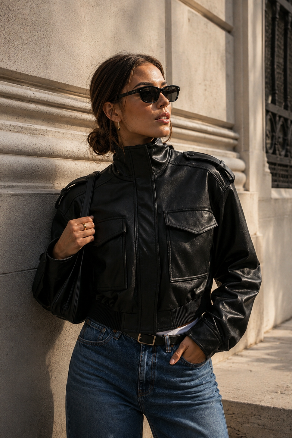Women’s Leather Cropped Bomber Jacket with Zip Front for Casual & Streetwear