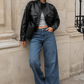 Women’s Leather Cropped Bomber Jacket with Zip Front for Casual & Streetwear