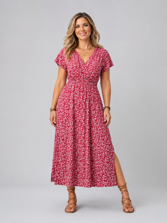 Women’s floral midi dress with butterfly sleeves, slit detail, and flowing silhouette