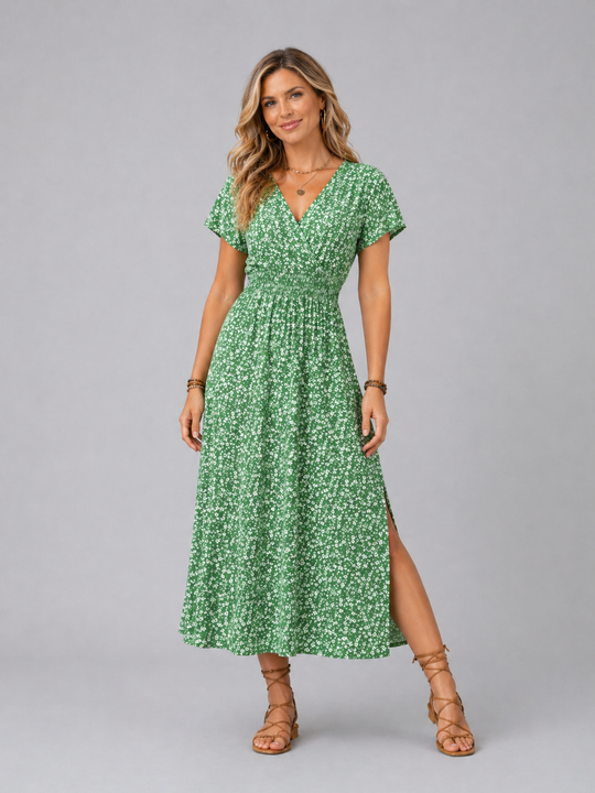 Women’s floral midi dress with butterfly sleeves, slit detail, and flowing silhouette