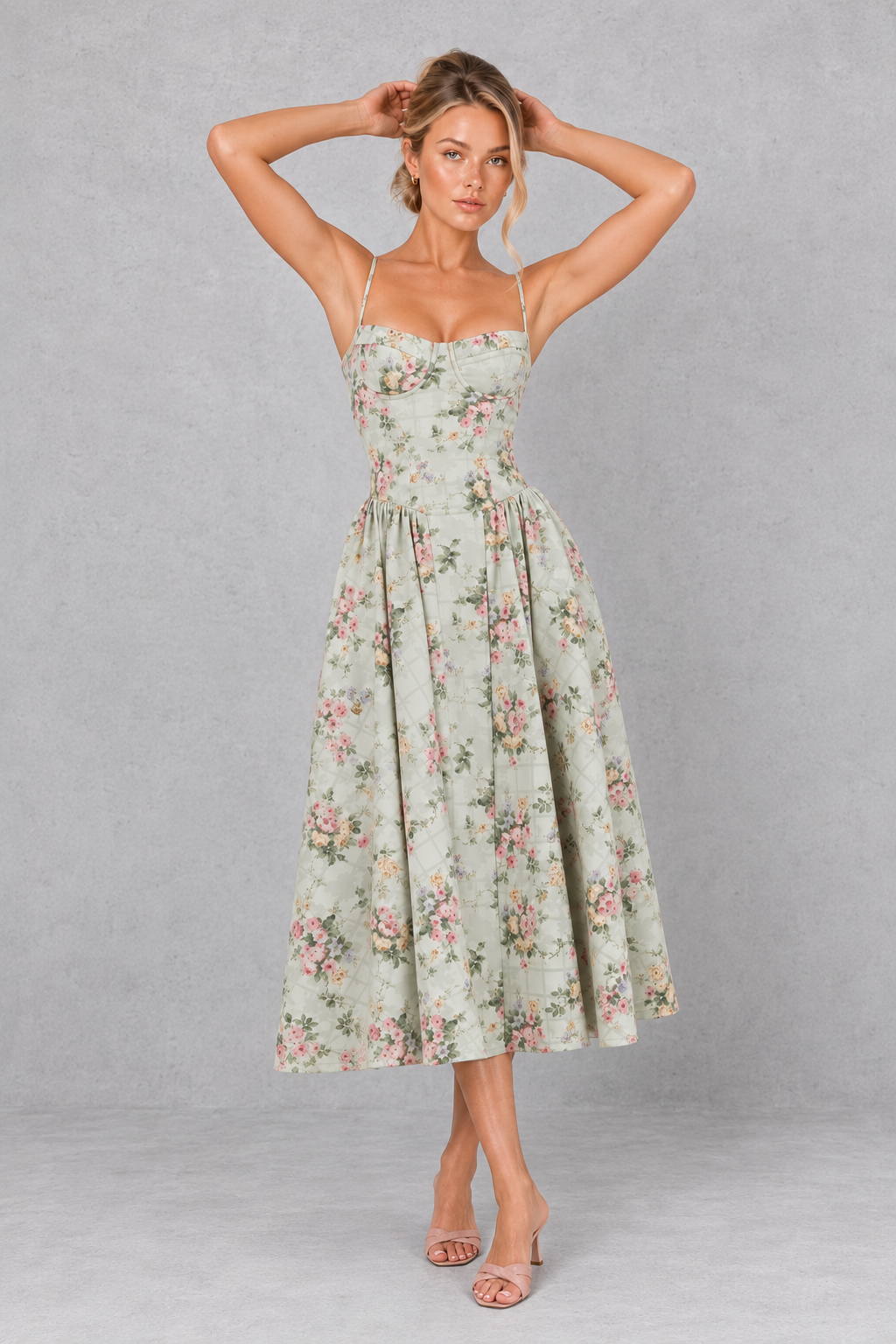 Women's Floral Corset Midi Dress - Sweetheart Wedding Guest & Occasion Dress