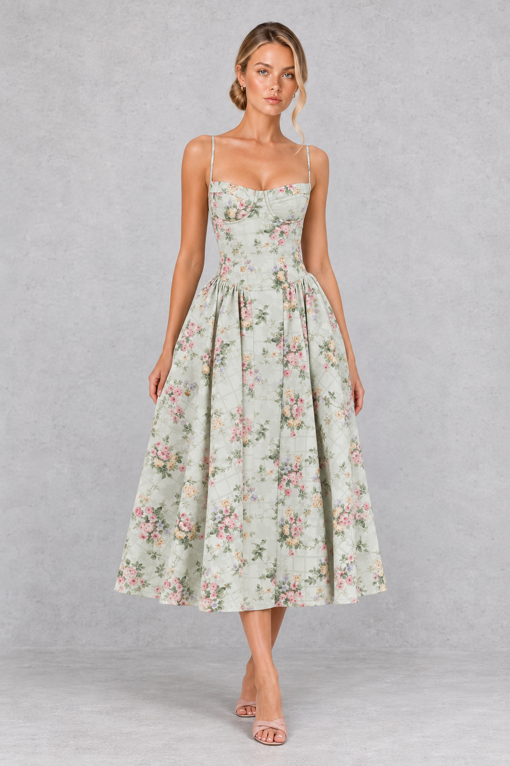 Women's Floral Corset Midi Dress - Sweetheart Wedding Guest & Occasion Dress