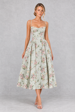 Women's Floral Corset Midi Dress - Sweetheart Wedding Guest & Occasion Dress