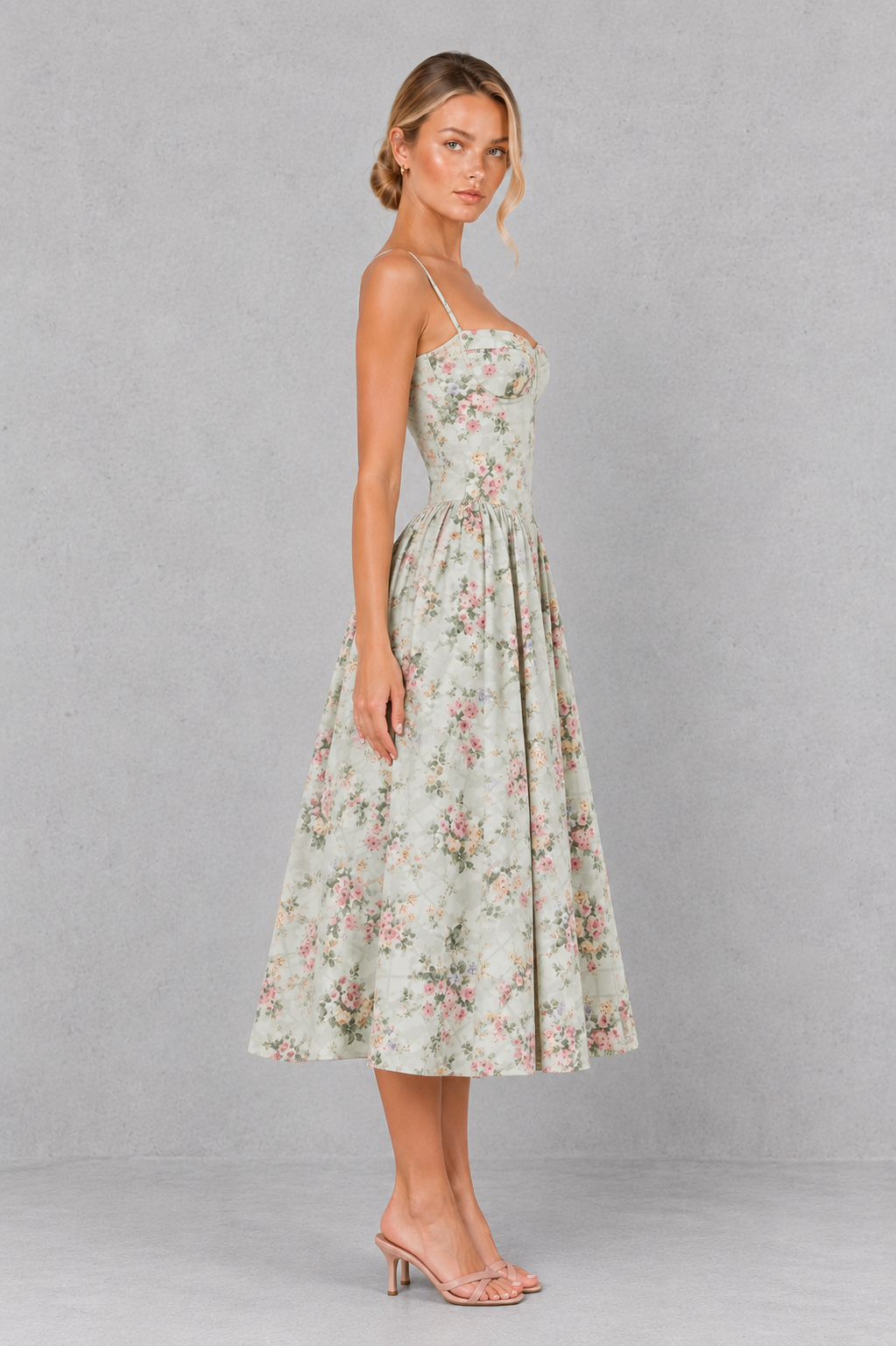 Women's Floral Corset Midi Dress - Sweetheart Wedding Guest & Occasion Dress