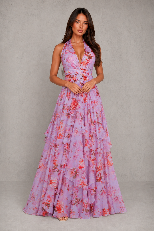 Women's Floral Maxi Dress - Halter Neck Wedding Guest Occasion Wear