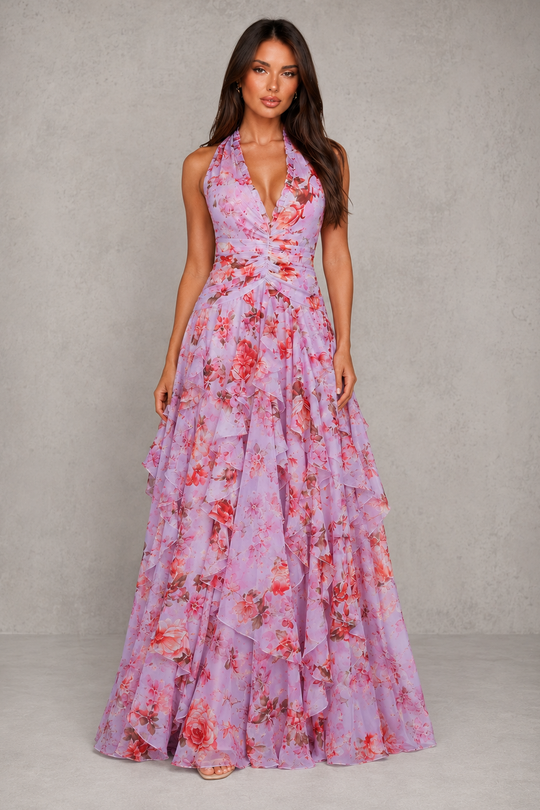 Women's Floral Maxi Dress - Halter Neck Wedding Guest Occasion Wear