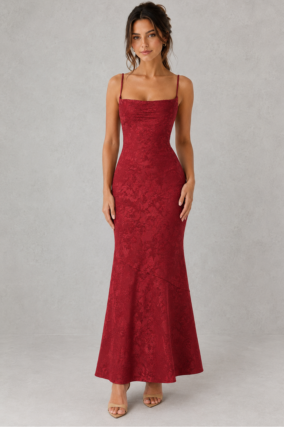Women’s floral jacquard maxi dress featuring a draped cowl neckline, adjustable tie straps, and a flowing bias-cut silhouette for weddings and formal occasions.