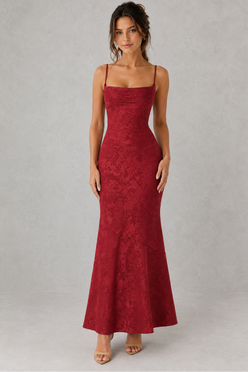 Women’s floral jacquard maxi dress featuring a draped cowl neckline, adjustable tie straps, and a flowing bias-cut silhouette for weddings and formal occasions.