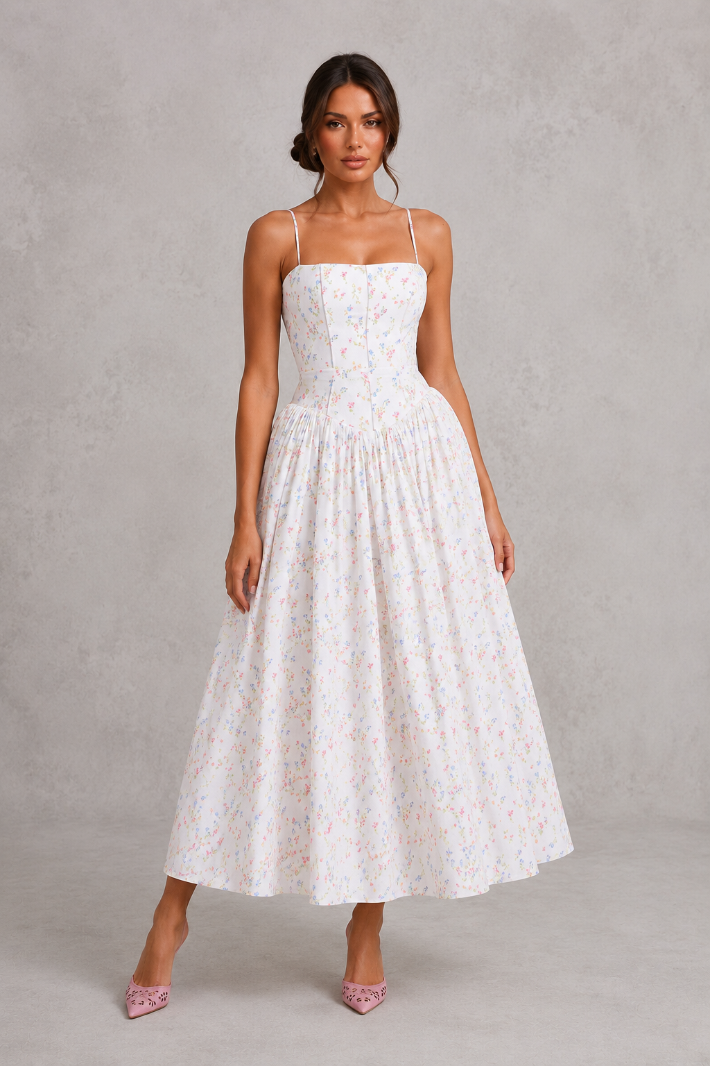 Women's Floral Midi Dress - Strapless Wedding Guest Fit & Flare