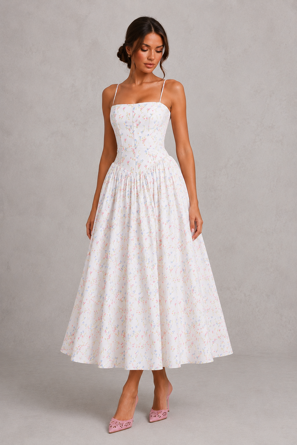 Women's Floral Midi Dress - Strapless Wedding Guest Fit & Flare