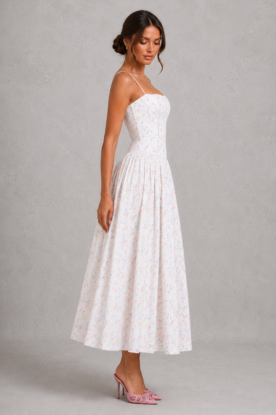 Women's Floral Midi Dress - Strapless Wedding Guest Fit & Flare