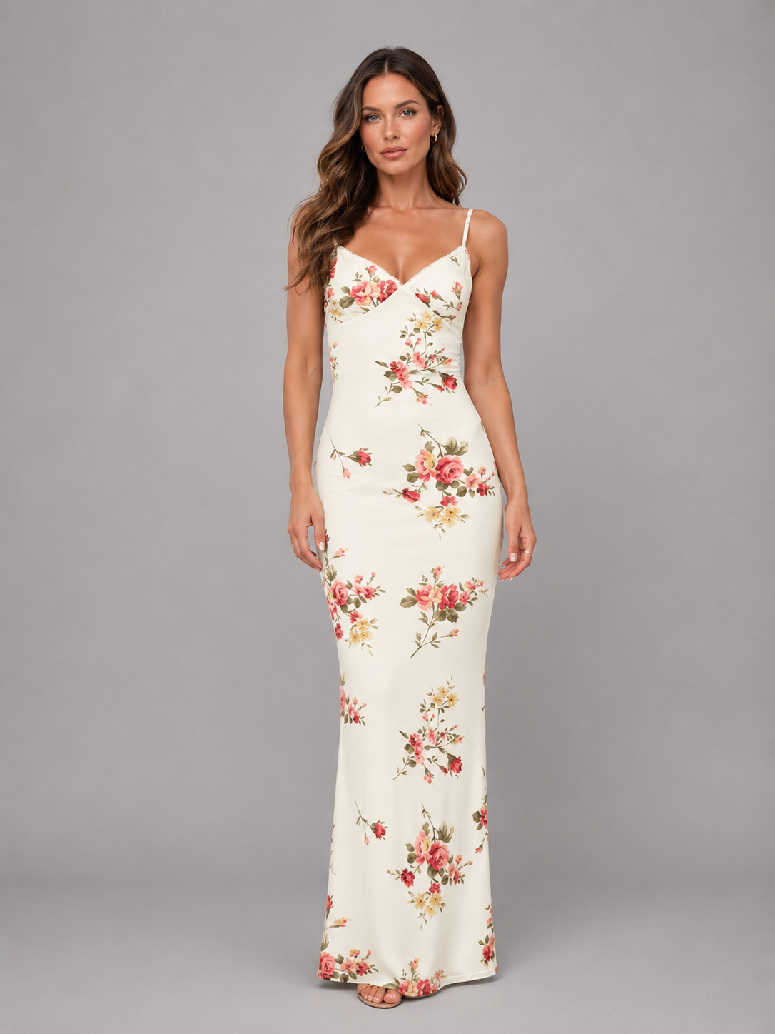 Women’s floral satin maxi dress with slim silhouette and flowing maxi length
