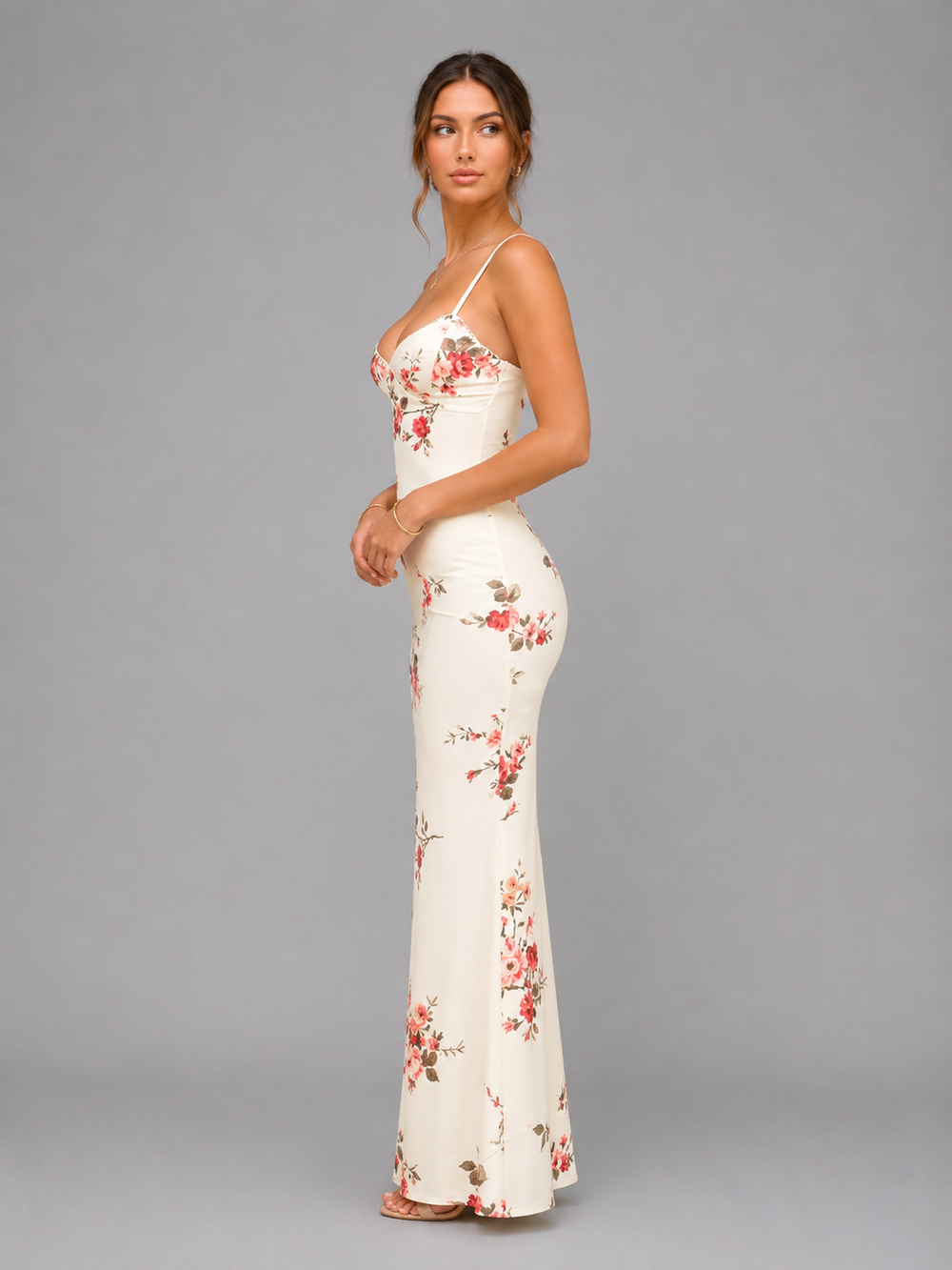Women’s floral satin maxi dress with slim silhouette and flowing maxi length