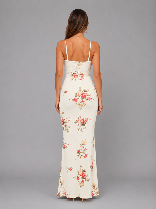Women’s floral satin maxi dress with slim silhouette and flowing maxi length