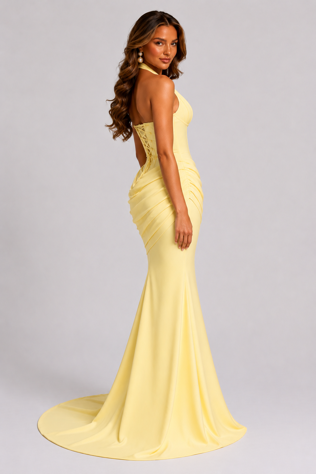 Women’s Halter Corset Maxi Gown with Pleated Draping for Formal & Evening Wear
