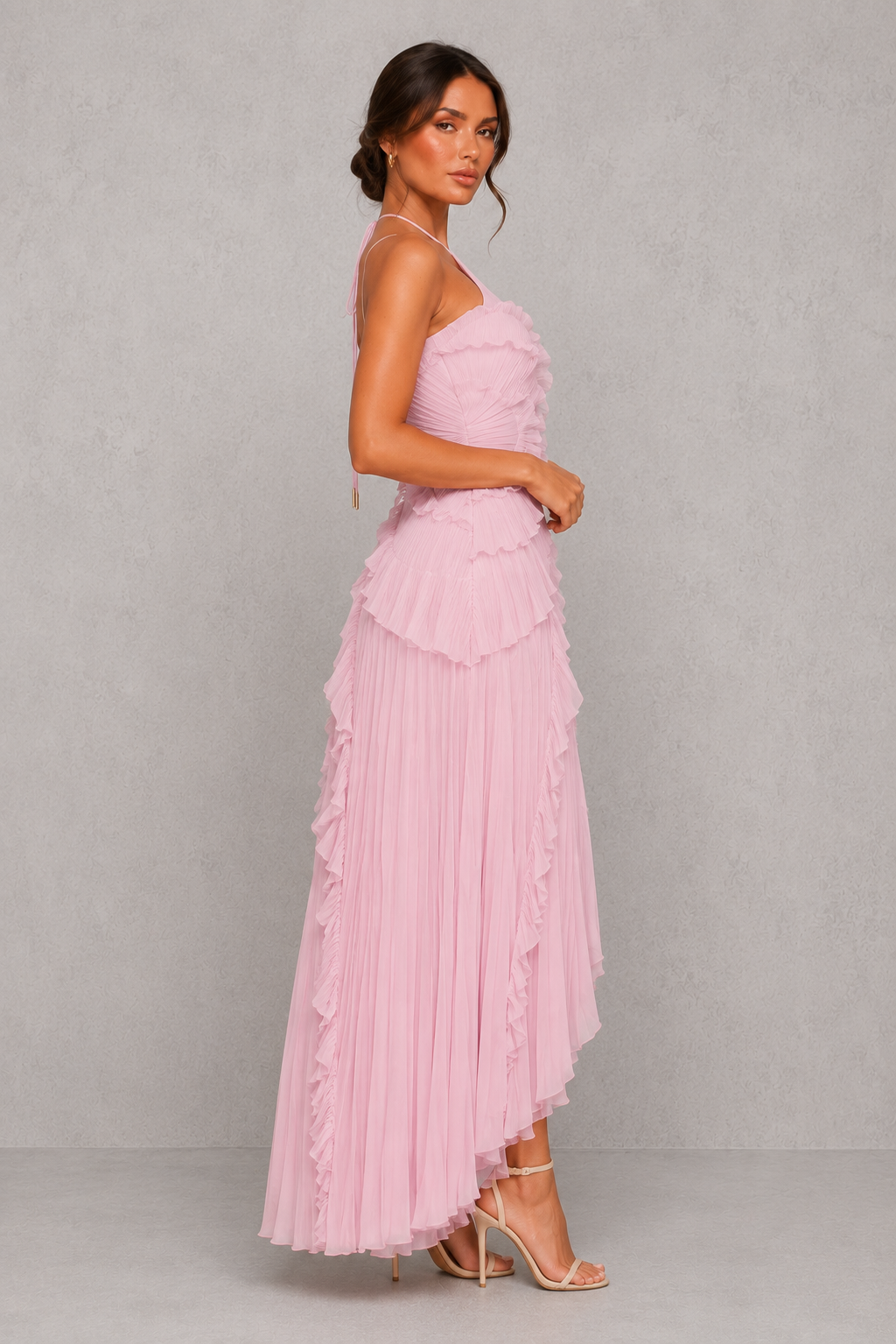 Women’s Halter Ruffle Maxi Dress with Open Back for Wedding & Occasion Wear