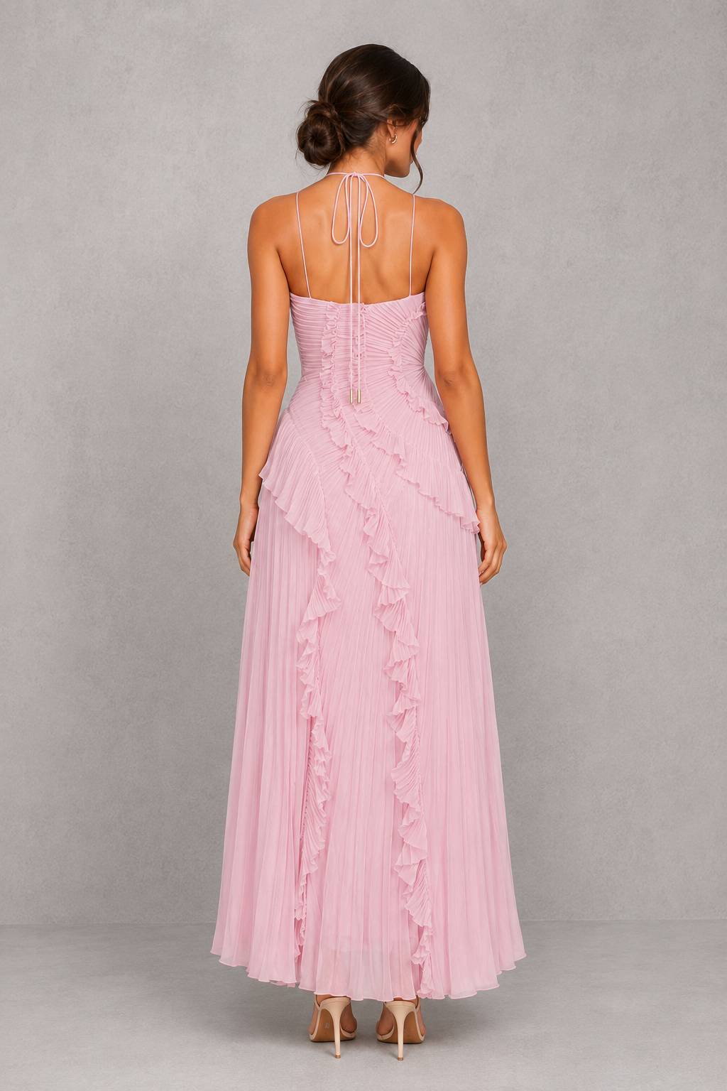 Women’s Halter Ruffle Maxi Dress with Open Back for Wedding & Occasion Wear