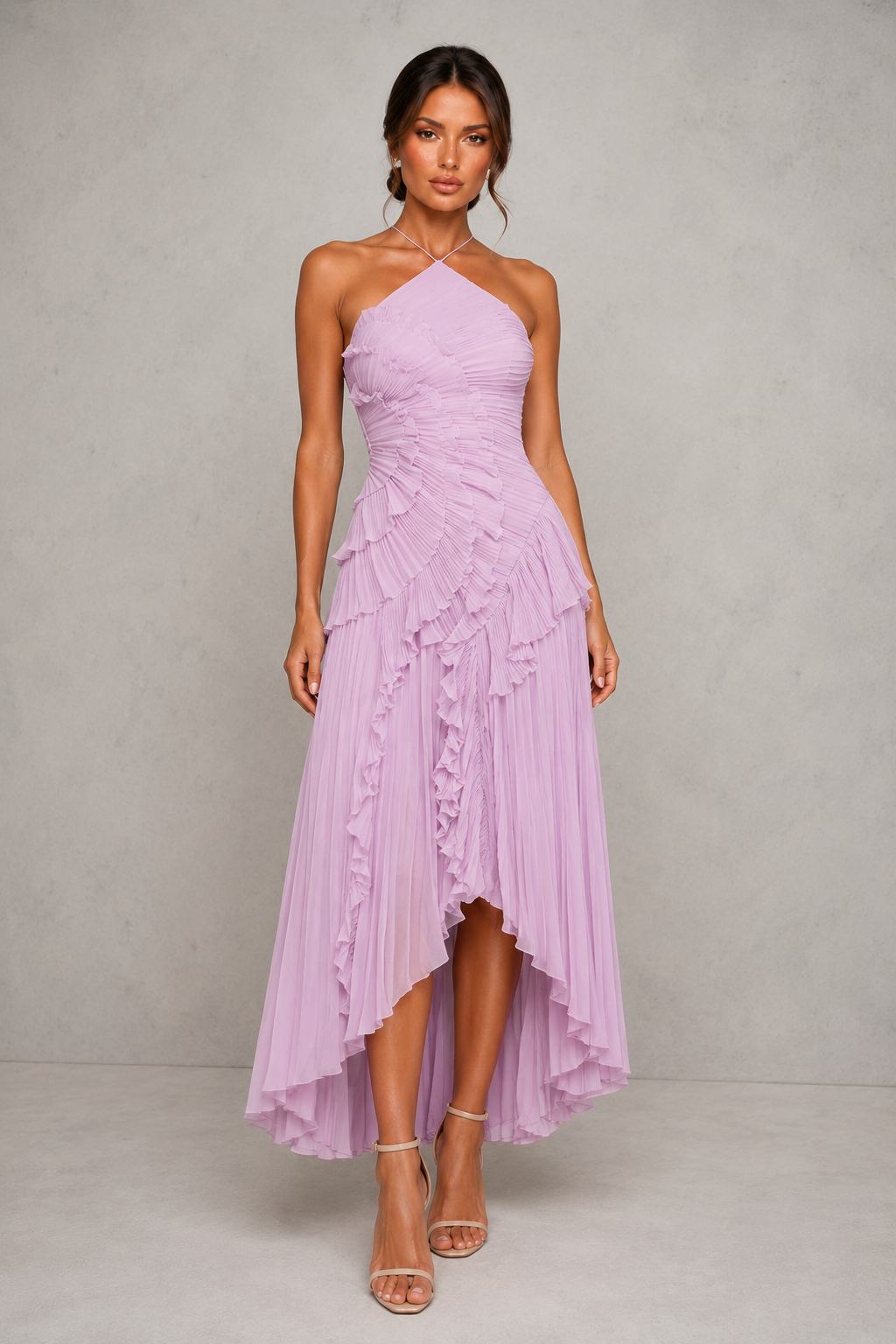 Women’s Halter Ruffle Maxi Dress with Open Back for Wedding & Occasion Wear