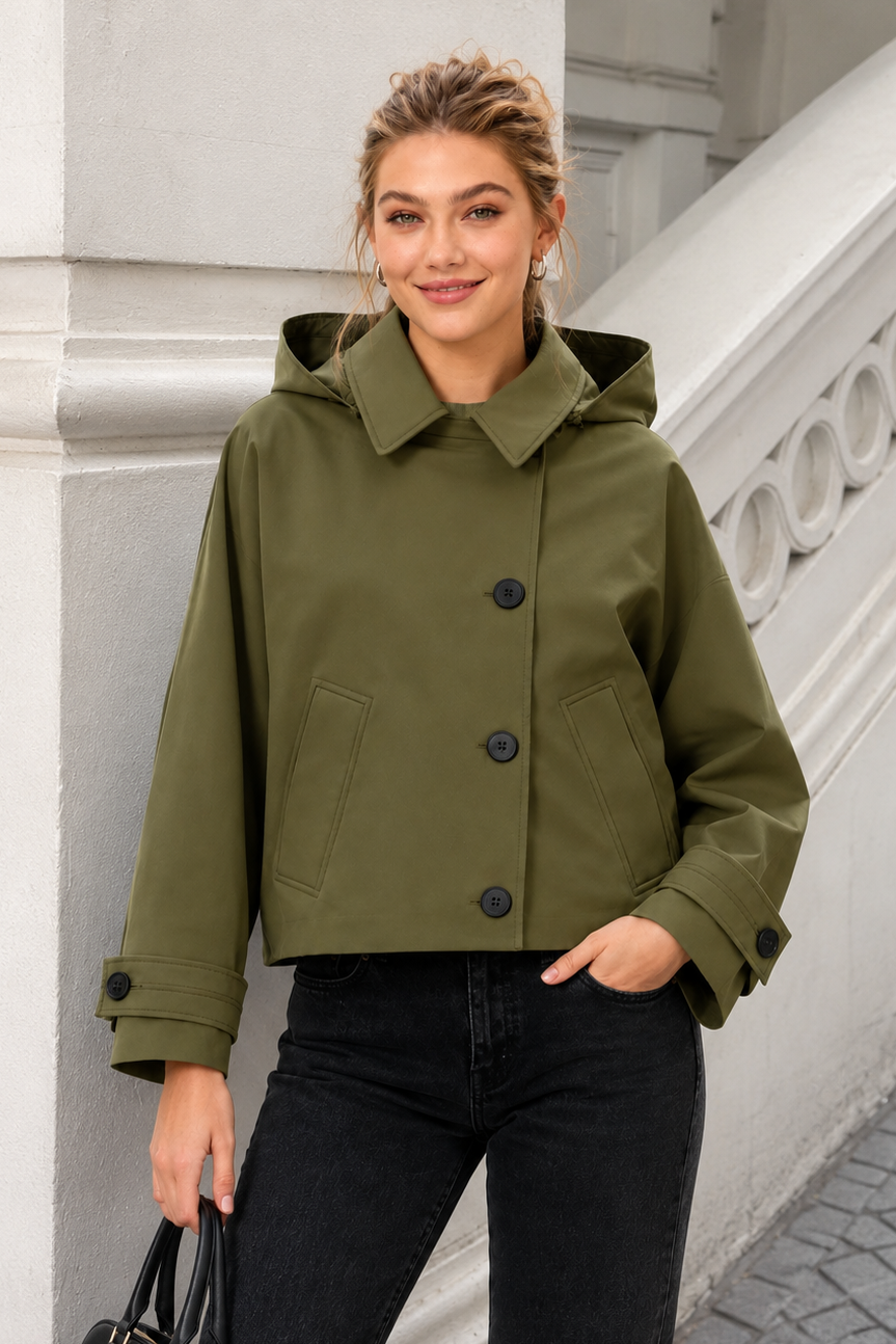 Women’s Hooded Trench Coat with Long Sleeves for Winter & Casual Wear