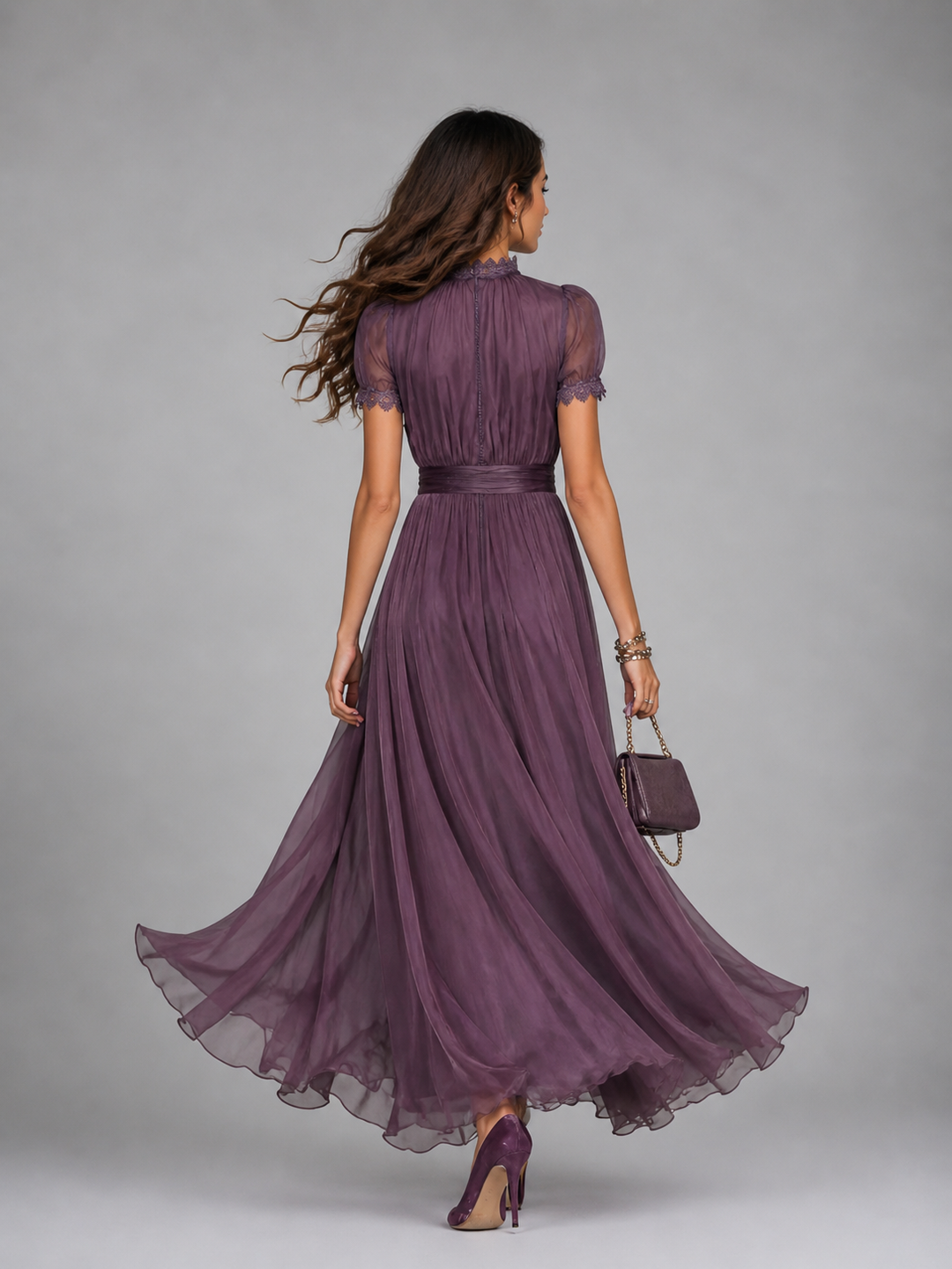 Women’s lace chiffon maxi dress with fitted waist and flowing skirt