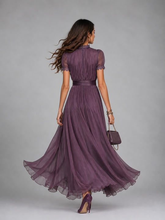Women’s lace chiffon maxi dress with fitted waist and flowing skirt