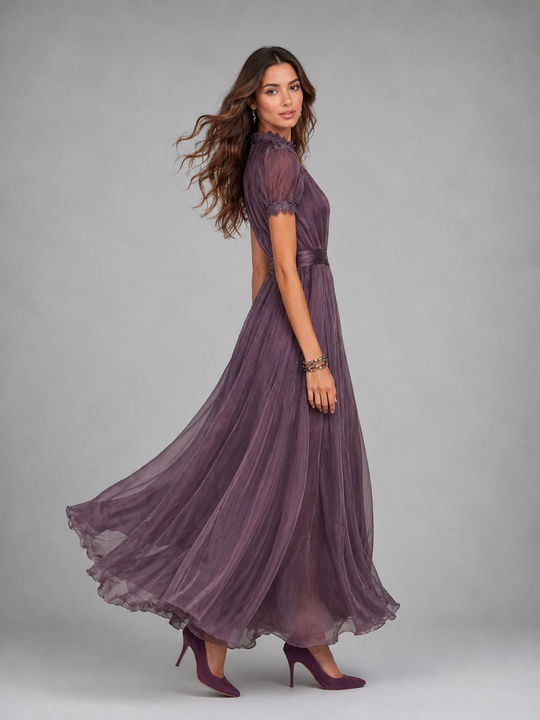 Women’s lace chiffon maxi dress with fitted waist and flowing skirt