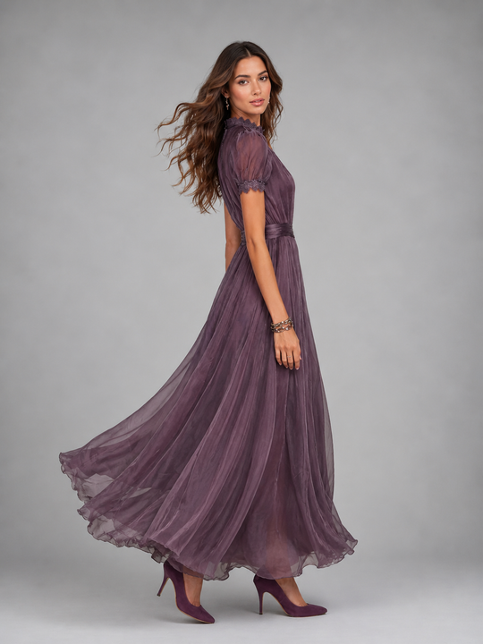 Women’s lace chiffon maxi dress with fitted waist and flowing skirt