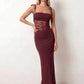 Women’s lace panel maxi dress featuring a square neckline, adjustable spaghetti straps, sheer lace waist, low open back, and floor-length silhouette for evening wear.