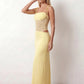 Women’s lace panel maxi dress featuring a square neckline, adjustable spaghetti straps, sheer lace waist, low open back, and floor-length silhouette for evening wear.